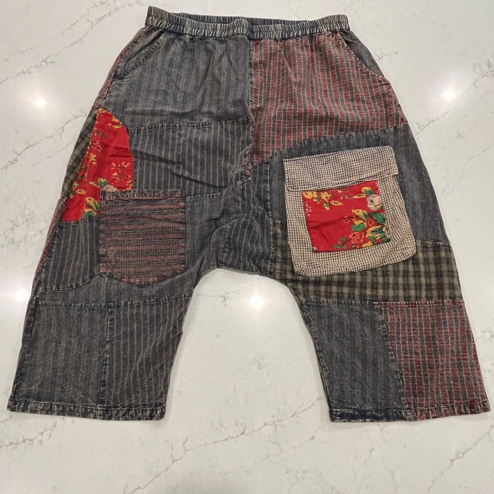 Buykud Harem Pants Womens 2XL Blue Red Cotton Retro Patchwork Lagenlook Boho